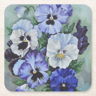 Blue and White Pansies Fine Art Square Paper Coaster
