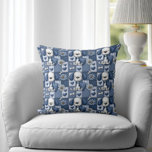 Blue and White Patchwork Dog Pattern Cushion