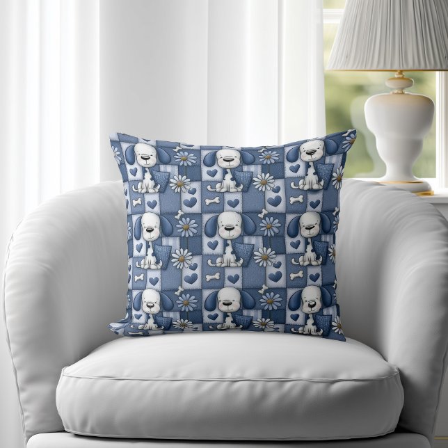 Blue and White Patchwork Dog Pattern Cushion (Creator Uploaded)