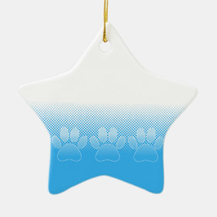 Blue And White Paws With Newsprint Background Ceramic Ornament