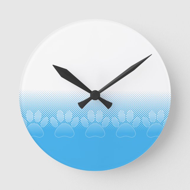 Blue And White Paws With Newsprint Background Round Clock (Front)