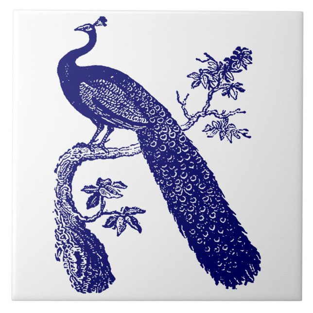 Blue and White Peacock Ceramic Tile (Front)