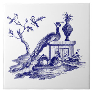 Blue and White Peacock & Rabbits Ceramic Tile