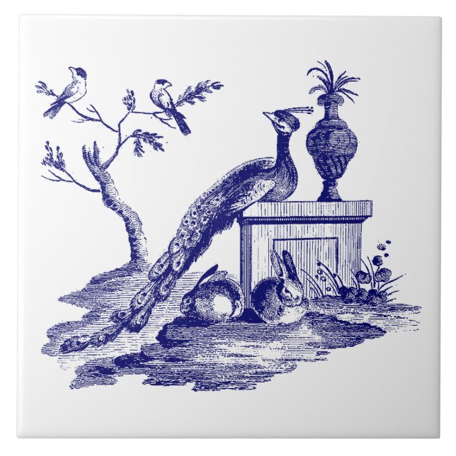 Blue and White Peacock & Rabbits Ceramic Tile (Front)