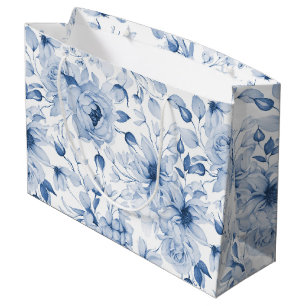 Blue and White Peonies and Blossoms Watercolor Large Gift Bag