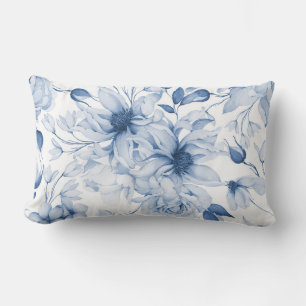 Blue and White Peonies and Blossoms Watercolor Lumbar Cushion