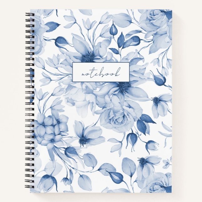 Blue and White Peonies and Blossoms Watercolor  Notebook (Front)