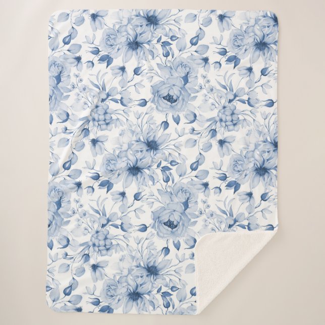 Blue and White Peonies and Blossoms Watercolor  Sherpa Blanket (Front)