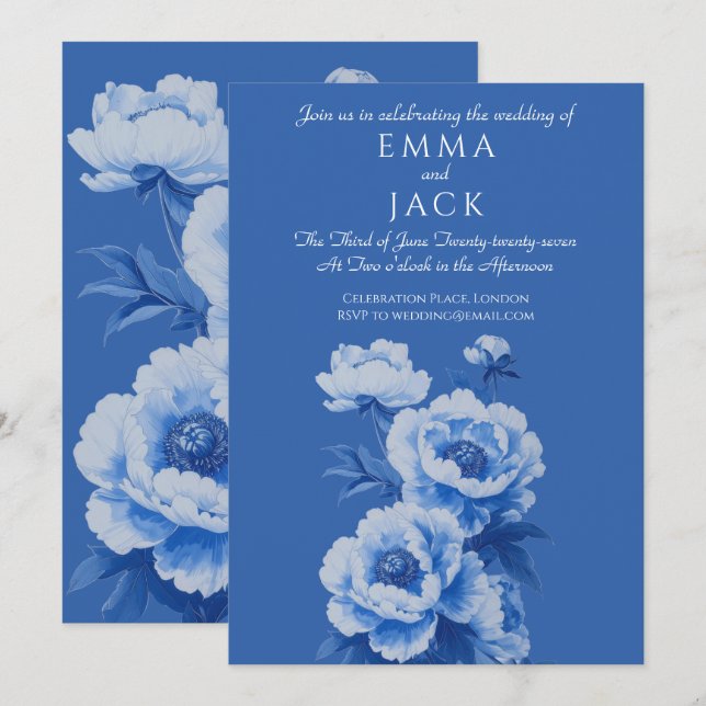 Blue and white peonies pretty wedding invitation (Front/Back)