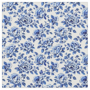 Blue and White Peonies Toile de Jouy Fabric