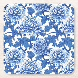 Blue and White Peony Chinoiserie Floral Square Paper Coaster