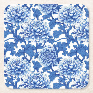 Blue and White Peony Chinoiserie Floral Square Paper Coaster