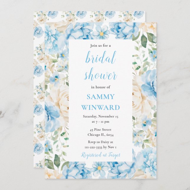 Blue and White Peony Flowers Bridal Shower Invitation (Front/Back)
