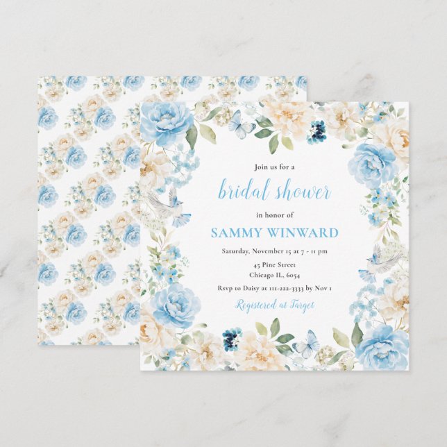 Blue and White Peony Flowers Bridal Shower Invitation (Front/Back)