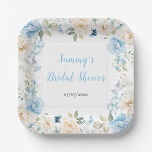 Blue and White Peony Flowers Bridal Shower Paper Plate