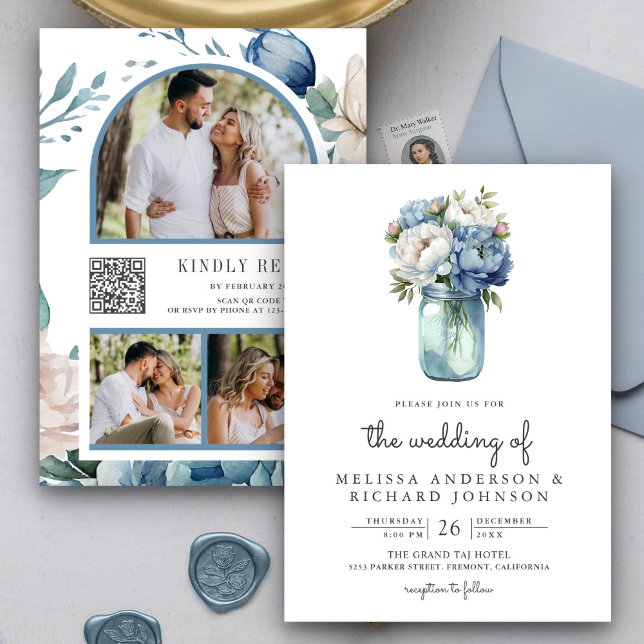 Blue and White Peony Mason Jar QR Code Wedding Invitation (Creator Uploaded)