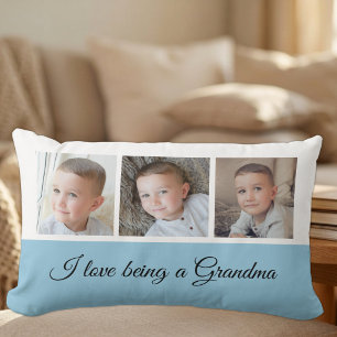 Blue and white photo collage for Grandma Lumbar Cushion