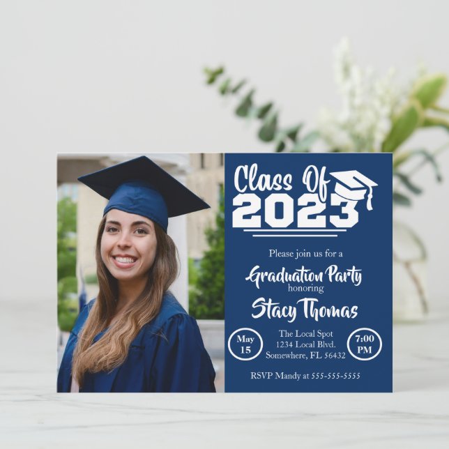 Blue and White Photo Graduation Party Invitation (Standing Front)