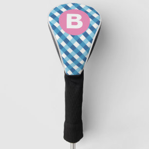 Blue and White Plaid Checked Pink Monogram Golf Head Cover