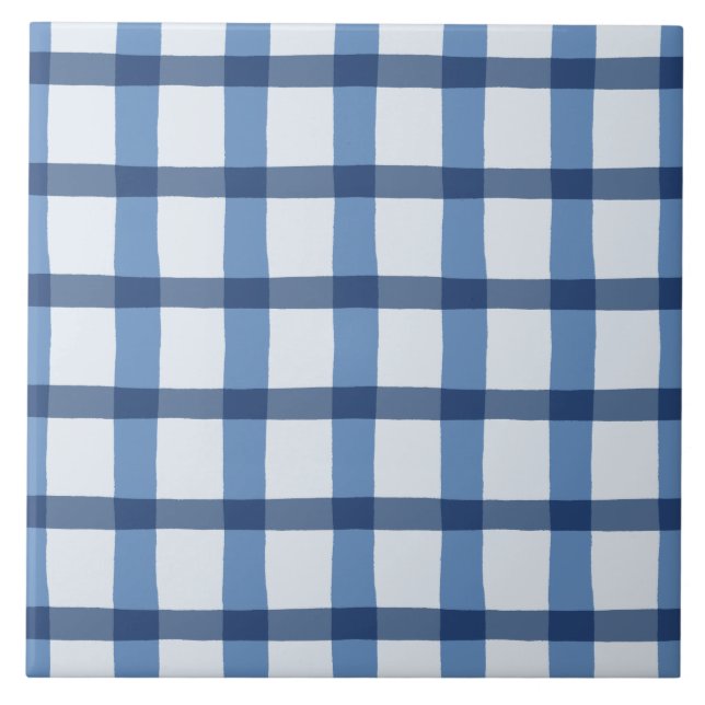 Blue and White Plaid Pattern Ceramic Tile (Front)