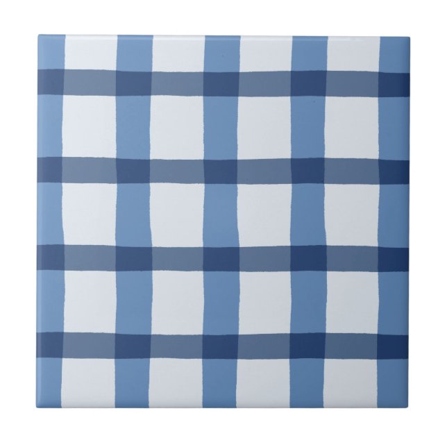 Blue and White Plaid Pattern Ceramic Tile (Front)