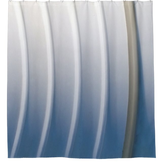Blue and white plastic container shower curtain (Front)