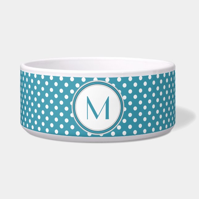 Blue and White Polka Dot Monogram Pet Bowl (Front)