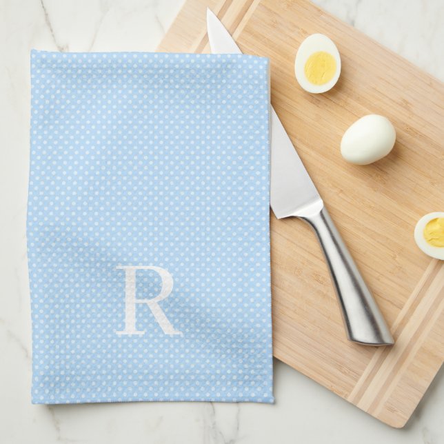 Blue and White Polka Dot Monogrammed Tea Towel (Quarter Fold)