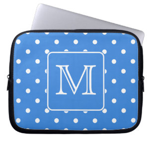Blue and White Polka Dot Pattern Monogram. Custom. Laptop Sleeve