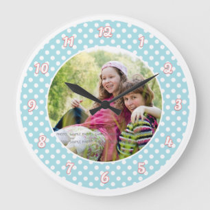 Blue and White Polka Dot Personalised Photo Large Clock