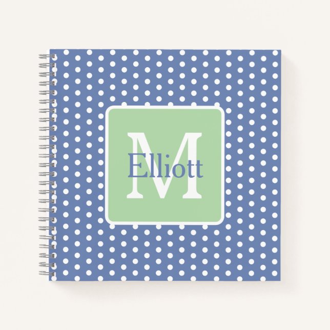 Blue and White Polka Dots With Green Monogram Notebook (Front)