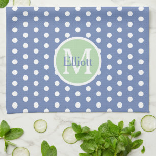 Blue and White Polka Dots With Green Monogram Tea Towel