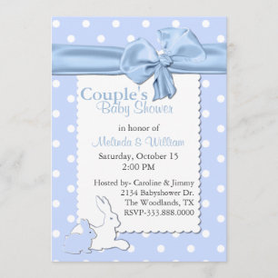 Blue and White Polka Dots With Rabbits Baby Shower Invitation