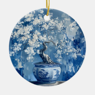 Blue and White Porcelain China Chinoiserie Cherry  Ceramic Ornament