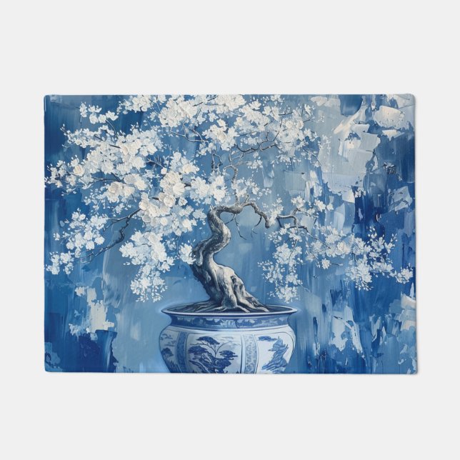 Blue and White Porcelain China Chinoiserie Cherry  Doormat (Front)
