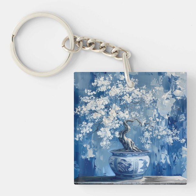 Blue and White Porcelain China Chinoiserie Cherry  Key Ring (Front)