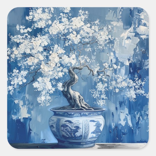 Blue and White Porcelain China Chinoiserie Cherry  Square Sticker (Front)