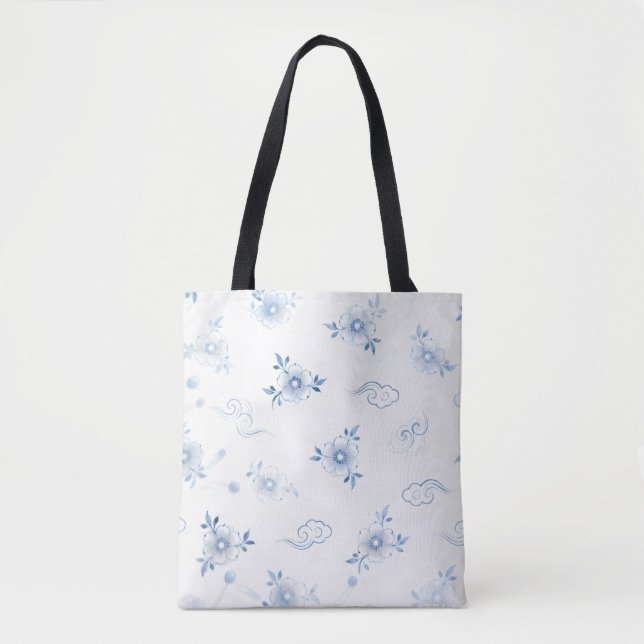 Blue and White Porcelain Floral Pattern Tote Bag (Front)