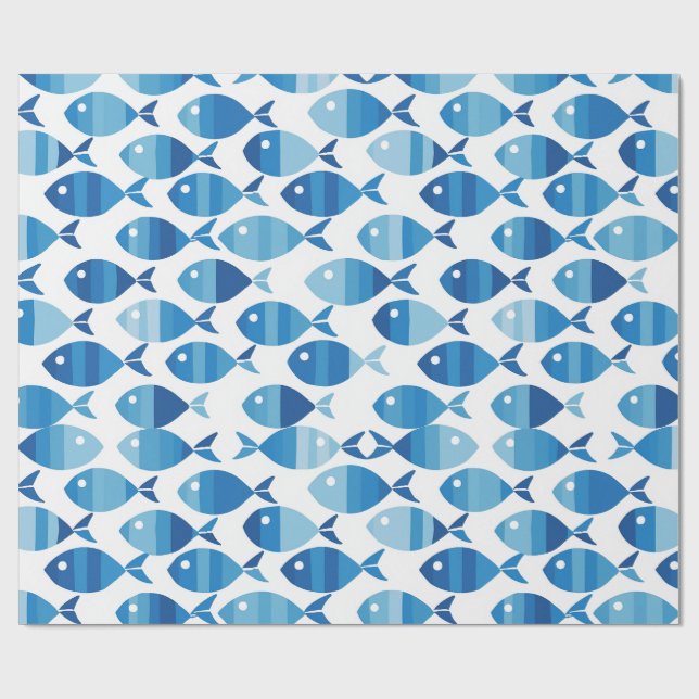 Blue and White Preppy Coastal Fish Wrapping Paper (Flat)