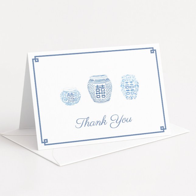 Blue And White Preppy Ginger Jars Personalized Thank You Card (Elegant thank you cards featuring watercolor ginger jars with dark blue greek key border)
