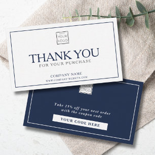 Blue and White Promo Code Business Thank You Card