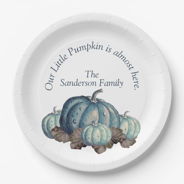 Blue and White Pumpkin Baby Shower Paper Plate (Front)