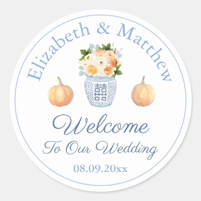 Blue And White Pumpkin Chinoiserie Wedding Welcome Classic Round Sticker (Front)