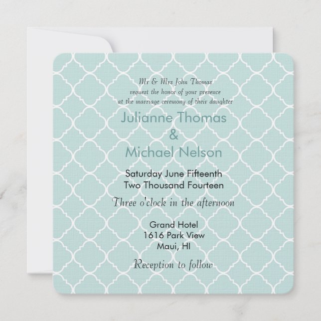 Blue and White Quatrefoil Pattern Wedding Invitation (Front)