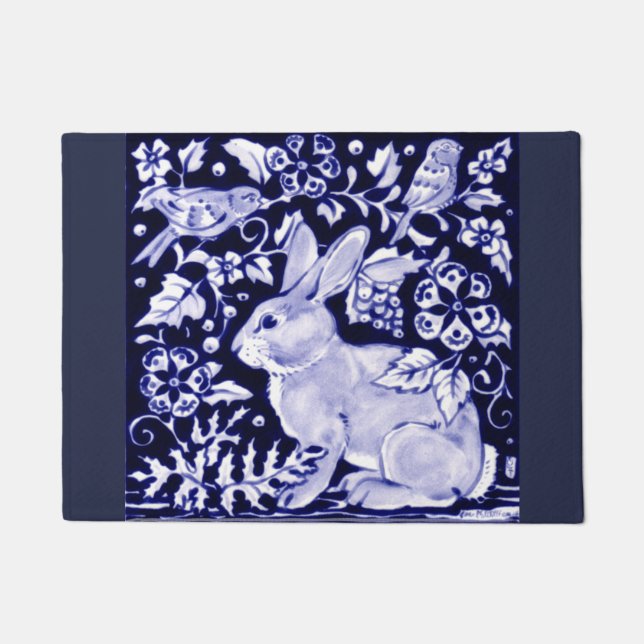 Blue and White Rabbit Bird Floral Doormat Welcome (Front)