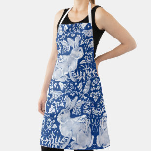 Blue and White Rabbit Birds Floral Tile Pattern Apron