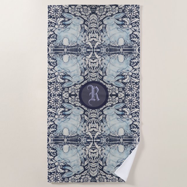 Blue and White Rabbit Bunny Floral Easter Monogram Beach Towel (Front)