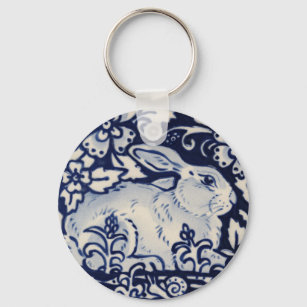Blue and White Rabbit Bunny Floral Woodland Snail Key Ring