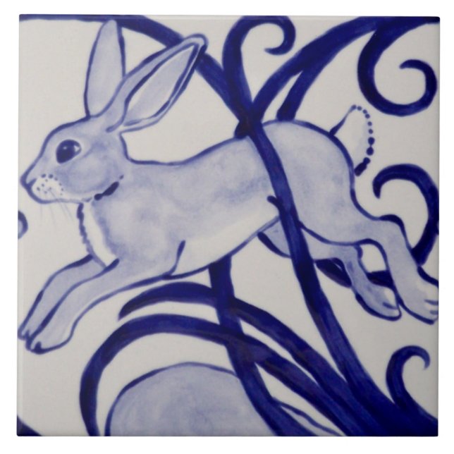 Blue and White Rabbit Ceramic Tile Art Deco 6" (Front)