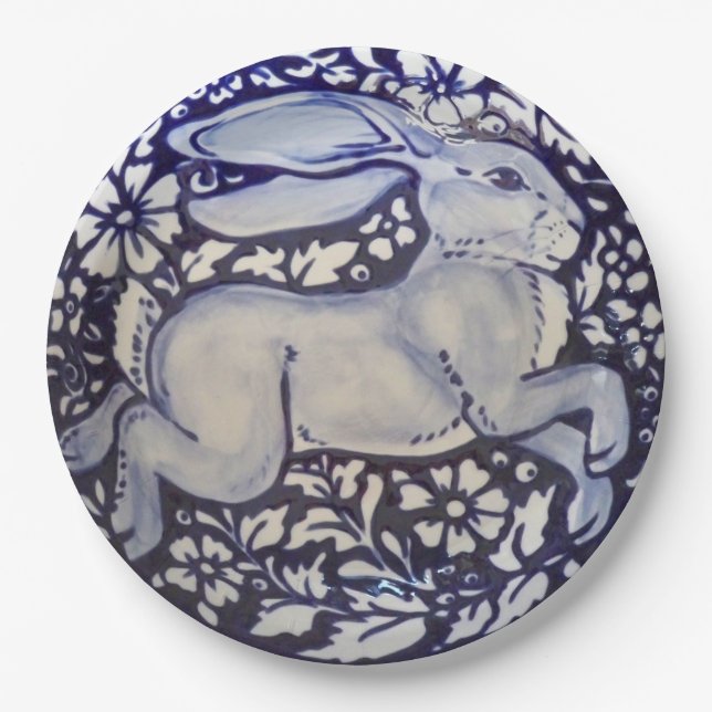 Blue and White Rabbit China Dedham Paper Plate (Front)